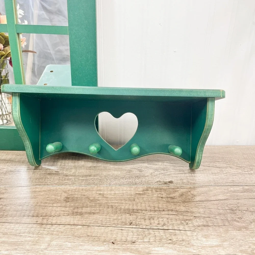 Green Wooden Heart Shelf and Mirror Set - Vintage Cottagecore Decor